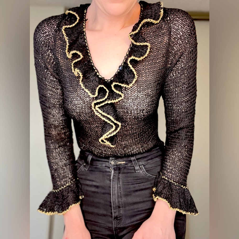 Vintage 90s black knit top with gold detailing